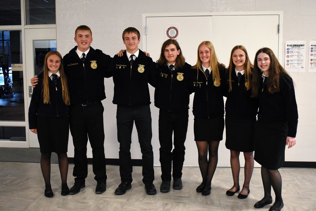 From right to left: Hayden Valentine, Isaac Zimmerman, Braxten Osantowski, Hunter Hlavac, Hannah Gangwish, Kambri Andel, and Natalia Thoendel.